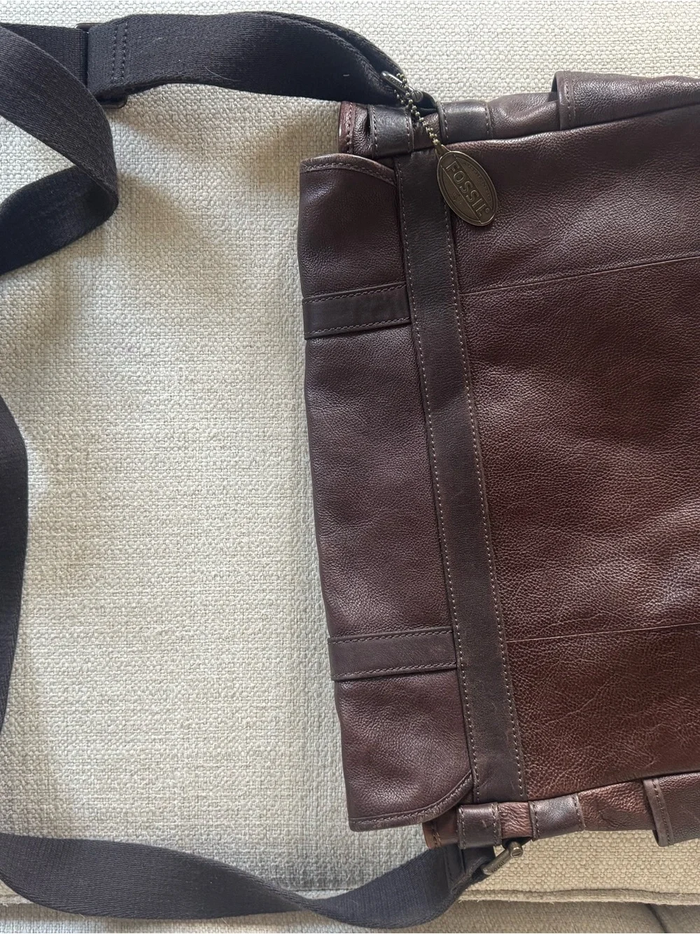 Fossil Dark Brown Leather Messenger Bag with Brass Accents